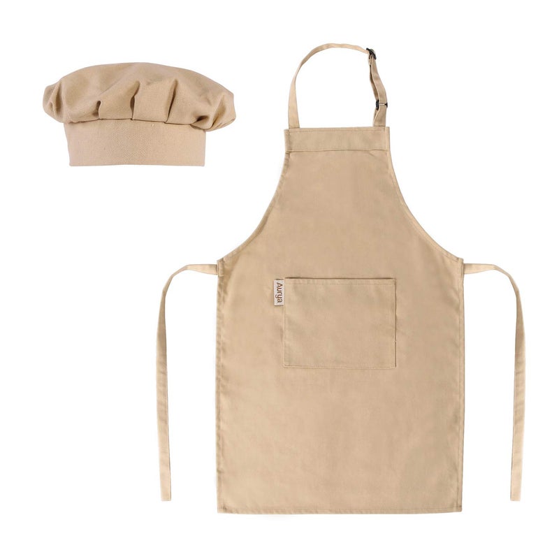 Aurya Kids Apron and Chef Hat Set-Adjustable Child Apron for Boys and Girls for Cooking Baking Khaki - Image 1